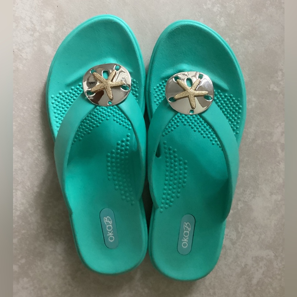 🏖️ OKA B Sandy flip flops turquoise silver EUC - Picture 2 of 9